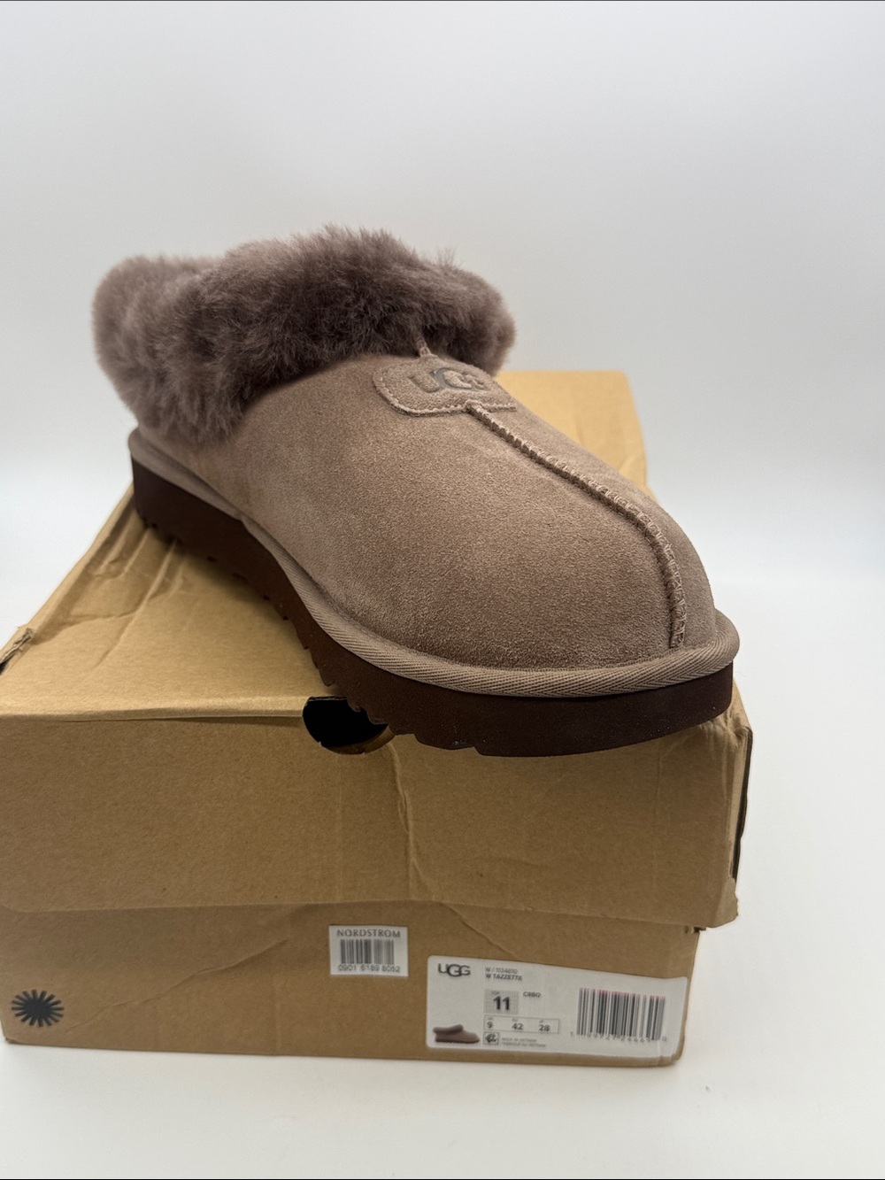 UGG Women's Taupe Suede Fur-Trim Slip-On Clog